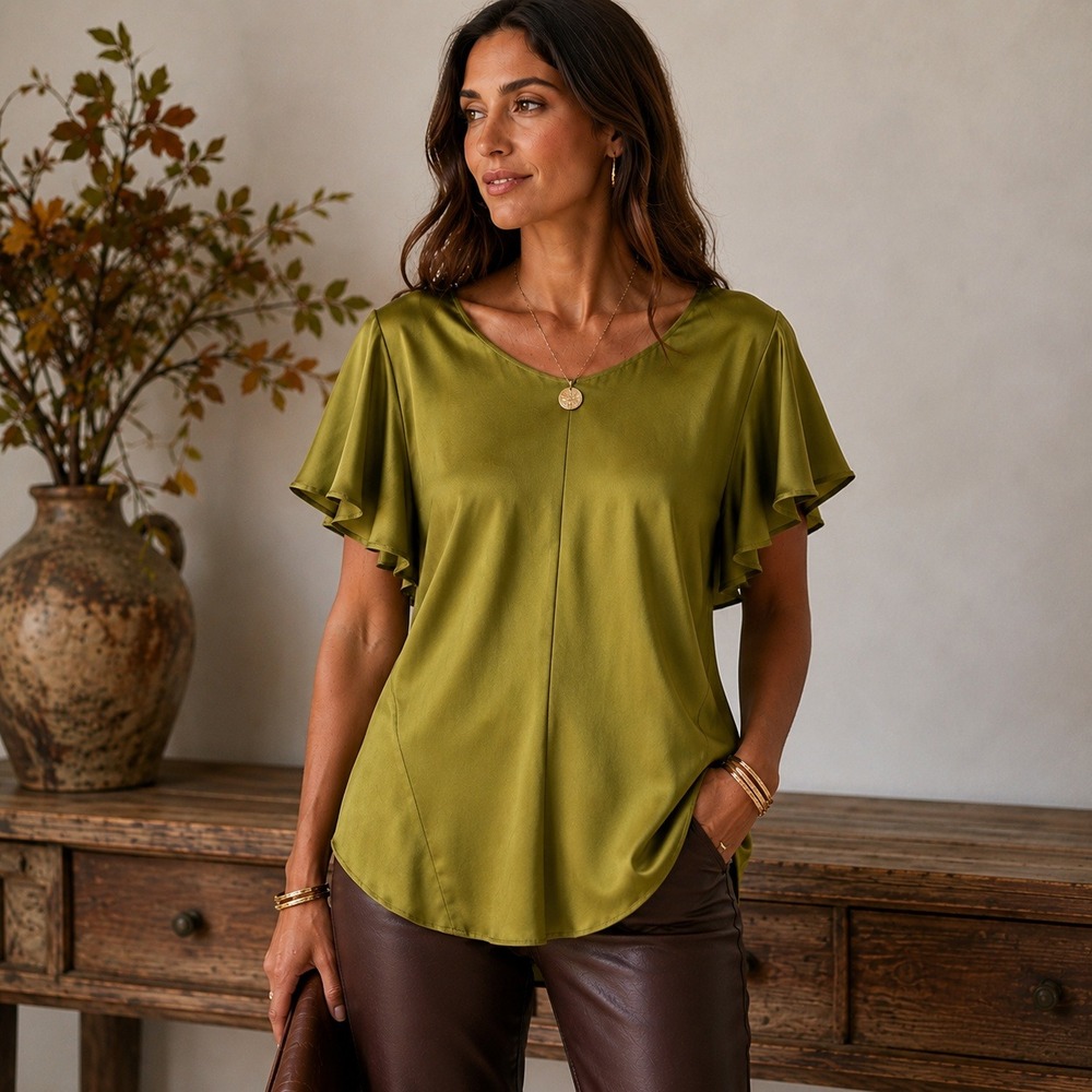 Ozai N Ku Flutter Top Olive Green Viscose Satin Bias Cut Blouse Top Greece Small